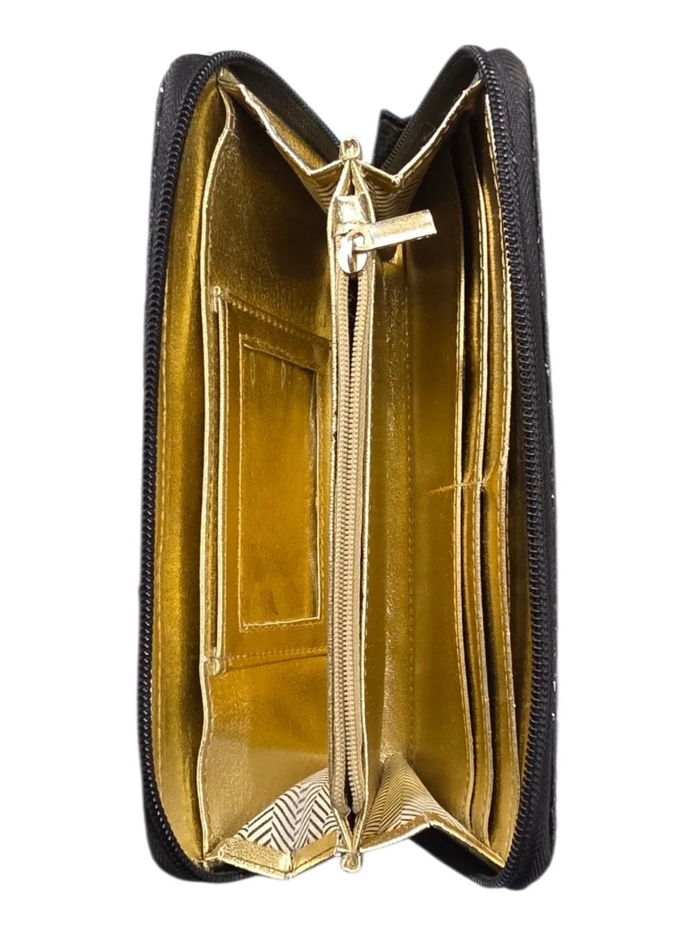 Steve Madden Black Metallic Zip Around Wallet Gold Logo Plate Used - Picture 5 of 9